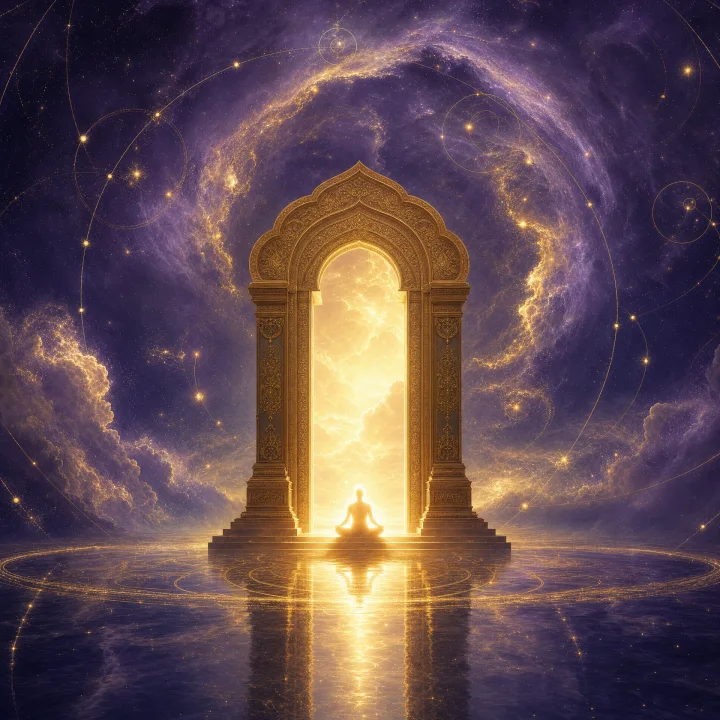 A golden doorway of light within a calm violet cosmos