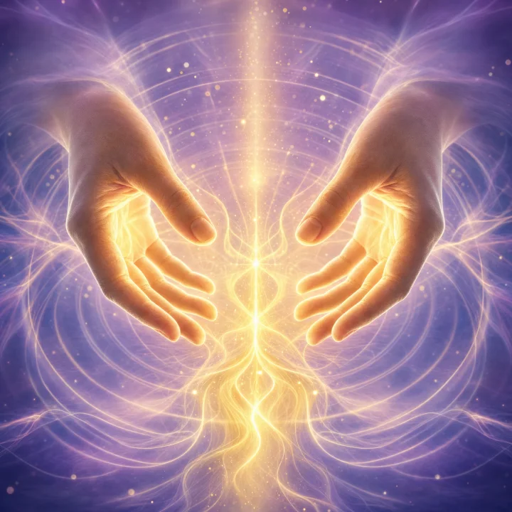 Two softly glowing hands channeling warm healing light