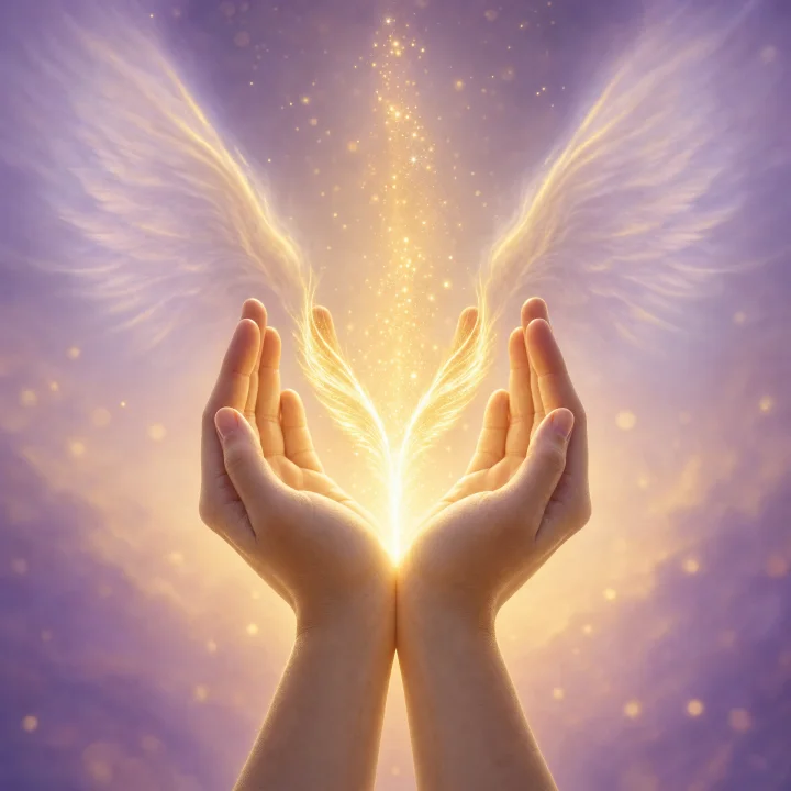 Cupped hands releasing golden light beneath angel wings